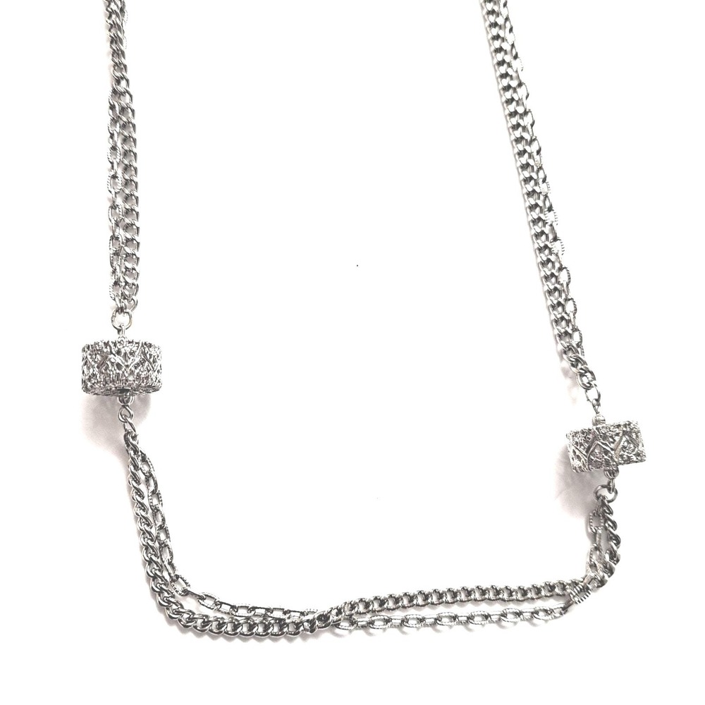 Vintage Silver Necklace 30" Multi Strand Drum Bead Scrolled Silvertone Chain - Picture 3 of 6